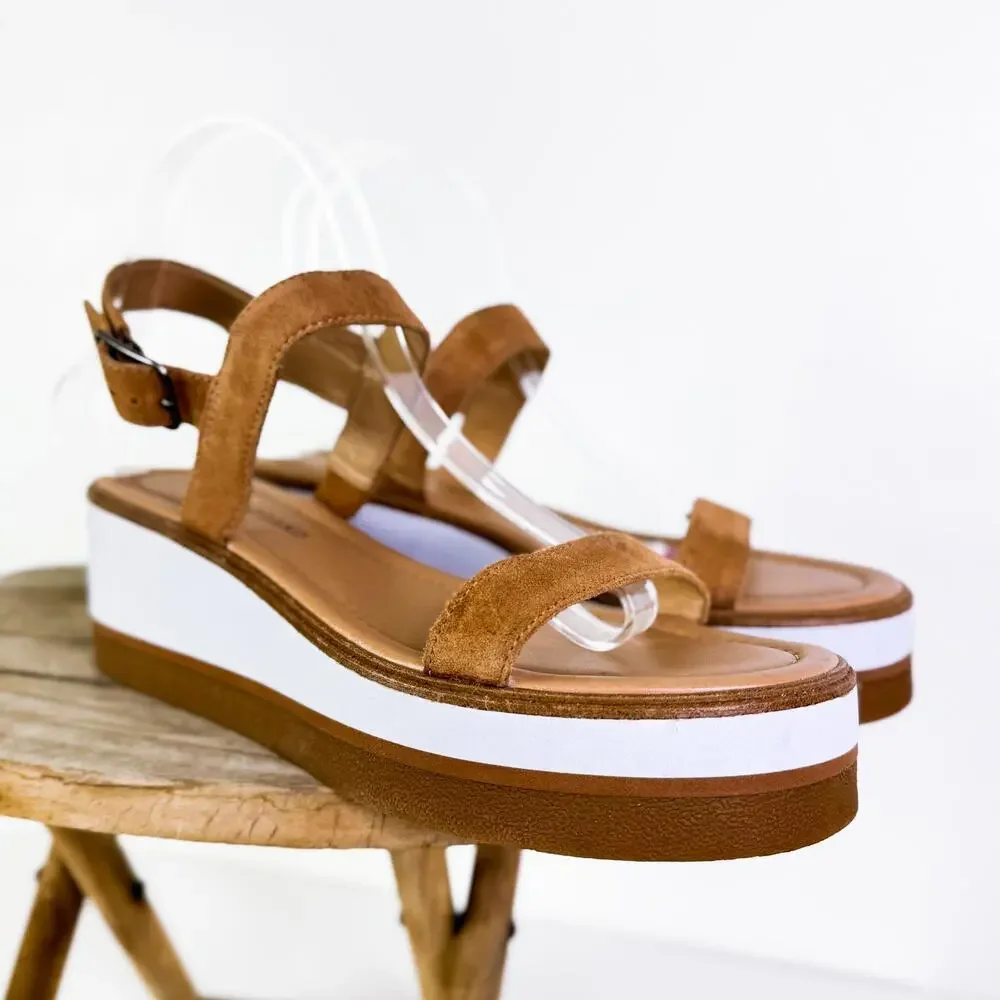Lucky Brand LK-Tamri Suede Strap Wedge Platform Summer Sandals Cognac sz 9M NEW